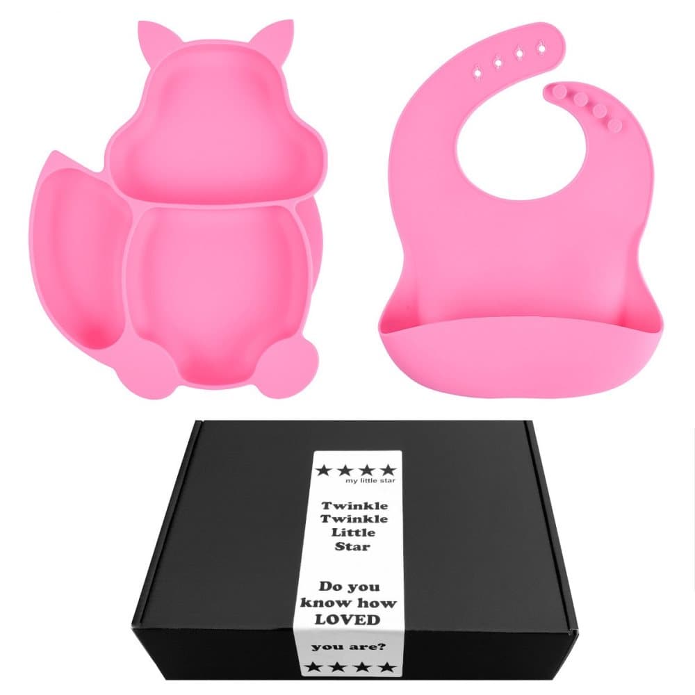 Barntallrik & Haklappsset i Silikon Rosa - Presentask bebis
