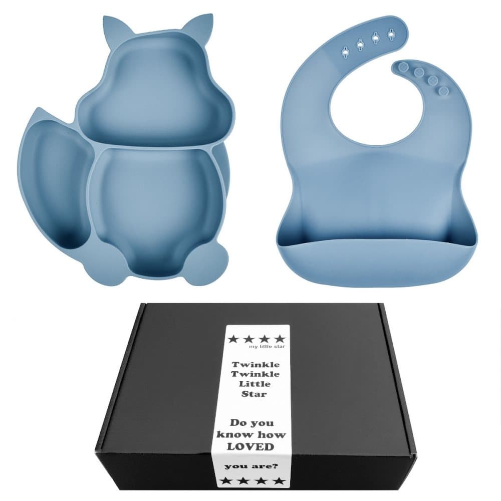 Barntallrik & Haklappsset i Silikon Gråblå - Presentask bebis