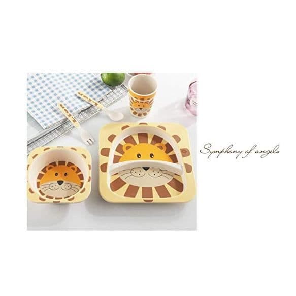 5 stycken Barnmatservis set, bambu servis set, bambu fiber barn porslin-lejon
