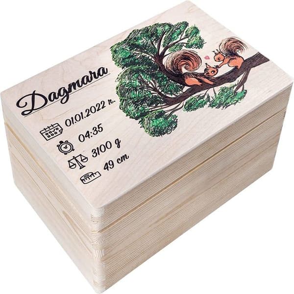 Souvenirlåda - Personlig födelselåda - Födelsepresent - 30 x 20 x 14 cm - Ekorremönster