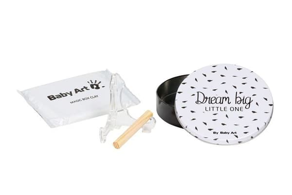 Baby Art Magic Box Rund - Metalllåda med Baby Hand and Footprint Kit, födelse- eller doppresent, svart och vitt