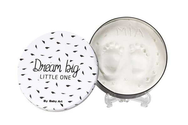 Baby Art Magic Box Rund - Metalæske med babyhånd- og fodaftrykssæt, fødsels- eller dåbsgave, sort og hvid