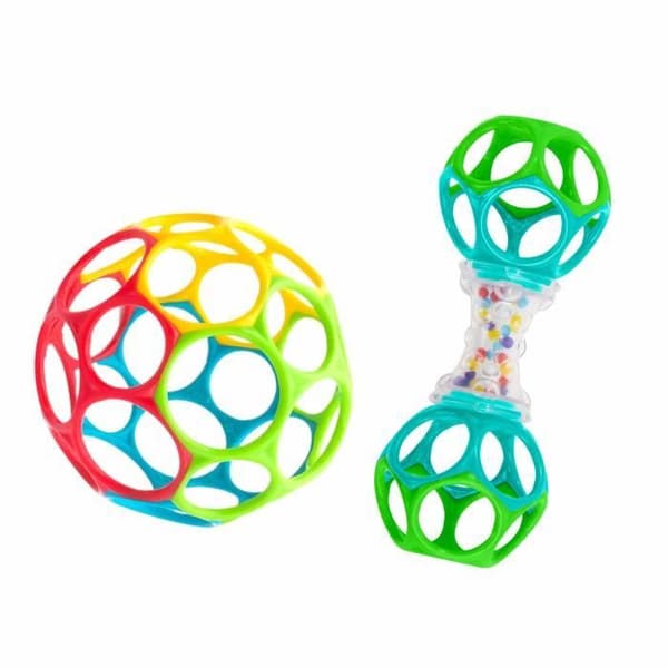 BRIGHT STARS O'Ball Baby Presentset med 2 babyleksaker: en skallra och en klassisk O-boll i rött, gult, blått och grönt