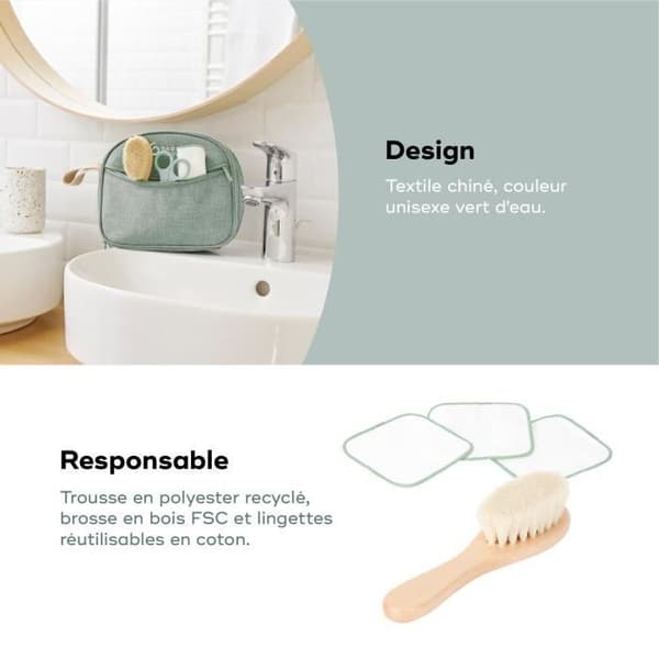 Babymoov Baby Care Kit - Från födseln - Tillverkad av GRS-certifierat återvunnet tyg - 10 tillbehör, Matcha