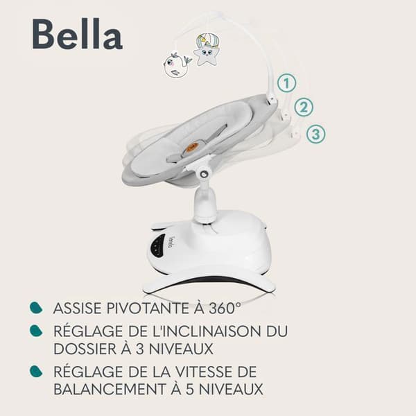 360° Electric Baby Swing - LIONELO Bella - Lättvikt - 12 melodier - 6 svinglägen - Fjärrkontroll - Leksaksbåge
