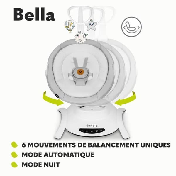 Balancelle och Nacelle Bebé Elektrisk 360° - LIONELO Bella Set - Lätt - 12 melodier - 6 svängningslägen - Fjärrkontroll