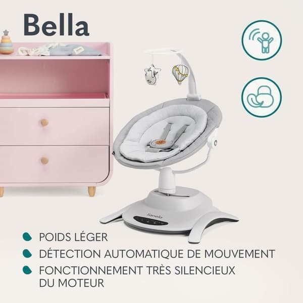 360° Electric Baby Swing - LIONELO Bella - Lättvikt - 12 melodier - 6 svinglägen - Fjärrkontroll - Leksaksbåge