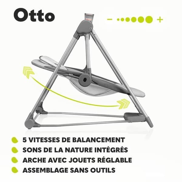 Balansäng och elektrisk gungstol LIONELO Otto - Kompakt hopfällning - Naturljud - 5 hastigheter - Tyst - Timer - Grå