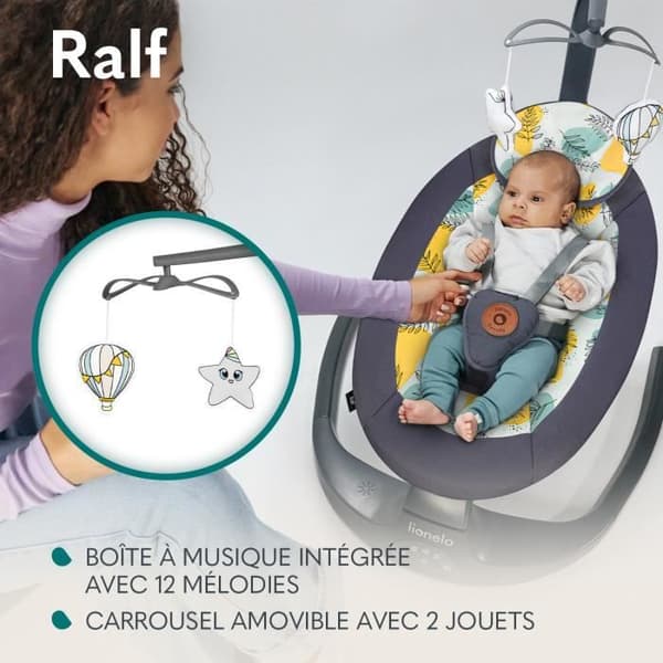 LIONELO Ralf 2-i-1 gung och solstol med 12 melodier och 5 gunghastigheter