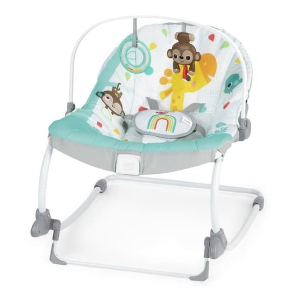 BRIGHT STARTS Rainbow Bouncer -hyppytuoli, sininen, rauhoittava värinä, 2 kallistusasentoa, jopa 30 kuukaudeksi