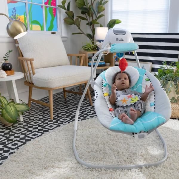 BABY EINSTEIN Ocean Explorers gynge. let og kompakt. 180° drejeligt sæde. inklusive legetøj. Curious Comfort-model