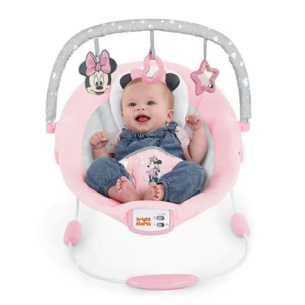 DISNEY BABY Babyskridstol - Minnie - Bue med aftageligt Disney-udviklingslegetøj, 8 melodier, beroligende vibrationer, justerbar nakkestøtte