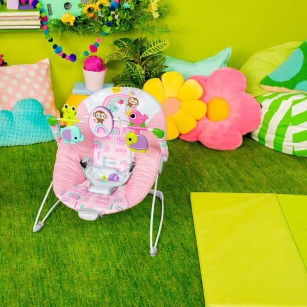 BRIGHT STARTS Baby Bouncer Dyr - Pink, Beroligende Vibrationer, Aktivitetsbue med Interaktivt Legetøj