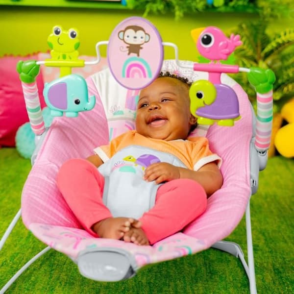 BRIGHT STARTS Baby Bouncer Dyr - Pink, Beroligende Vibrationer, Aktivitetsbue med Interaktivt Legetøj