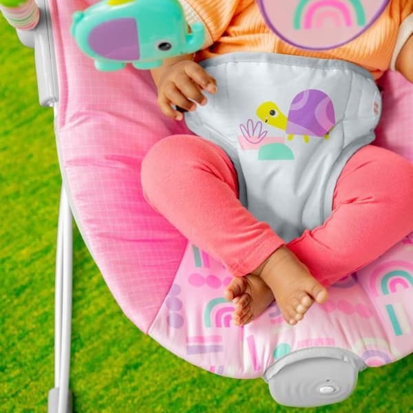 BRIGHT STARTS Baby Bouncer Dyr - Pink, Beroligende Vibrationer, Aktivitetsbue med Interaktivt Legetøj