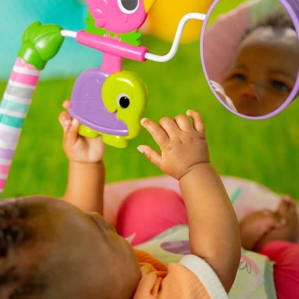 BRIGHT STARTS Baby Bouncer Dyr - Pink, Beroligende Vibrationer, Aktivitetsbue med Interaktivt Legetøj