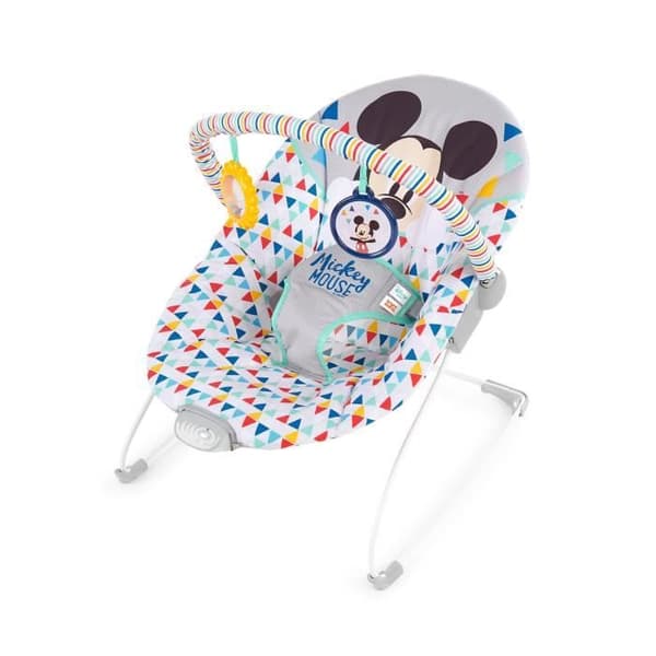 DISNEY BABY Mickey Bouncer moniväriset kolmiot, tärinät, 2 lelua, 3-pistevaljaat, konepestävä