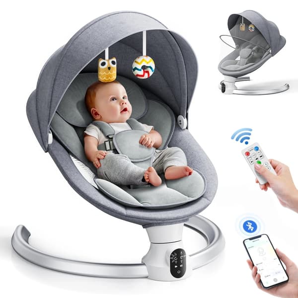 Uudenbornin vauvan keinu, 5 keinukulmaa, Bluetooth-musiikkituki,EU vaaleanharmaa