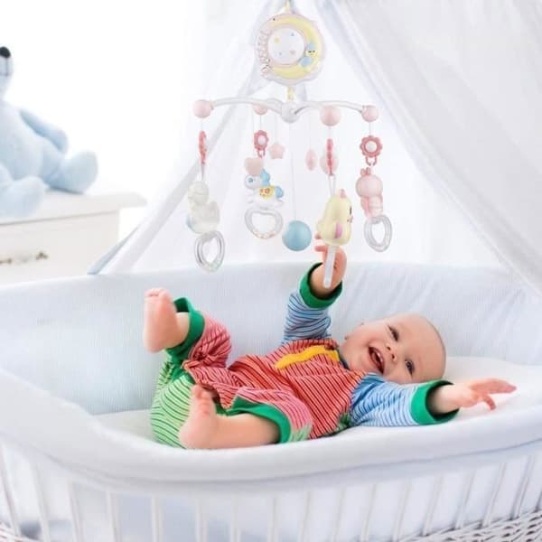Musikalisk fjärrkontroll mobil för babysäng, sovkomfortleksaker, roterande projektormobil - rosa