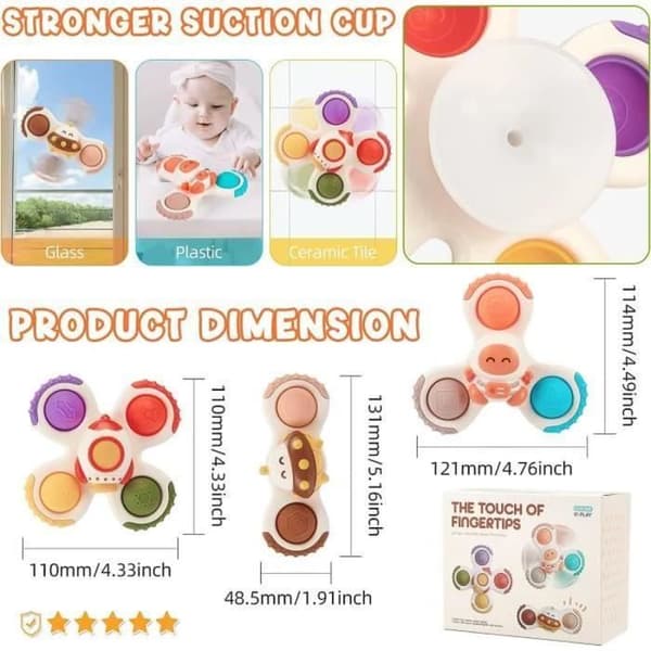 Sugkopp Spinner Babyleksaker, Hand Spinner Leksak för bebisar 1 år gamla, Sensorisk Leksak Badleksak för Baby, Anti Stress, 3 Pack