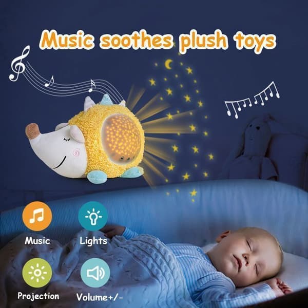 Baby White Noise och musikaliskt och självlysande babynattljus, babyprojektorleksak med 10 vaggvisor för att sova, igelkottsform