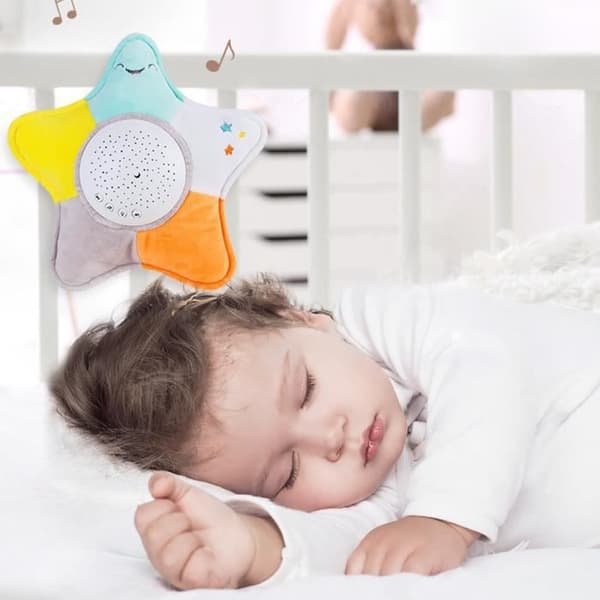 Femuddig stjärna projektionslampa stjärnhimmel baby barn blidka lätt musik plyschleksak