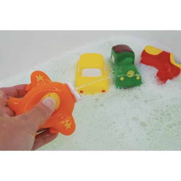 LUDI - Små plastleksaker för att leka i badet Från 6 månader. 4 roliga sprinklertransporter: bil, flyg, skoter,