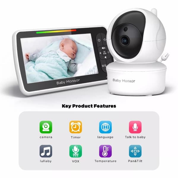Babymonitor - Babyvakt med 5tum skärm Plug & Play Bebisvakt