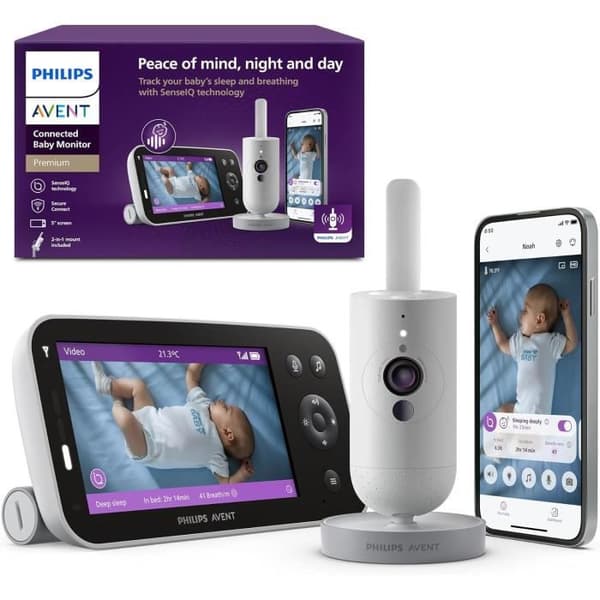 Philips Avent Babyphone med HD-video, den mest avancerade Avent-monitoren hittills, AI-övervakning av sömn och andning, app. Vit