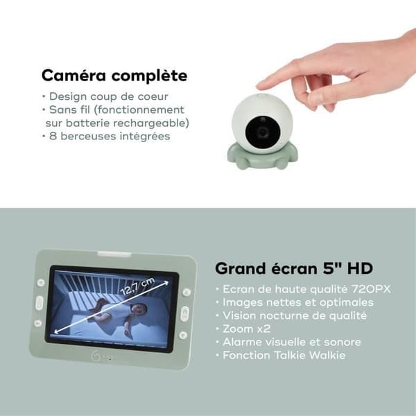 Babyphone Kamera YOO Go+ - Stort HD-skärm 5" 720P - Uppladdningsbart batteri, 8h autonomi - 4 tillbehör för kamerastöd inkluderat