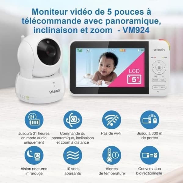 Digital video baby monitor VTech VM924 with pan and tilt function