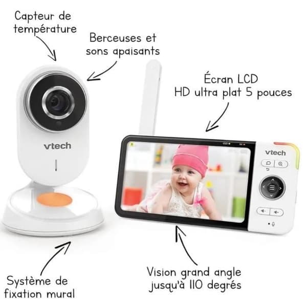 VTECH - Wide View HD Video Baby Monitor (5 Ultra Flat HD Screen - Night Light) - BM818