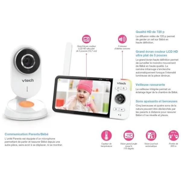 VTECH - Wide View HD Video Baby Monitor (5 Ultra Flat HD Screen - Night Light) - BM818