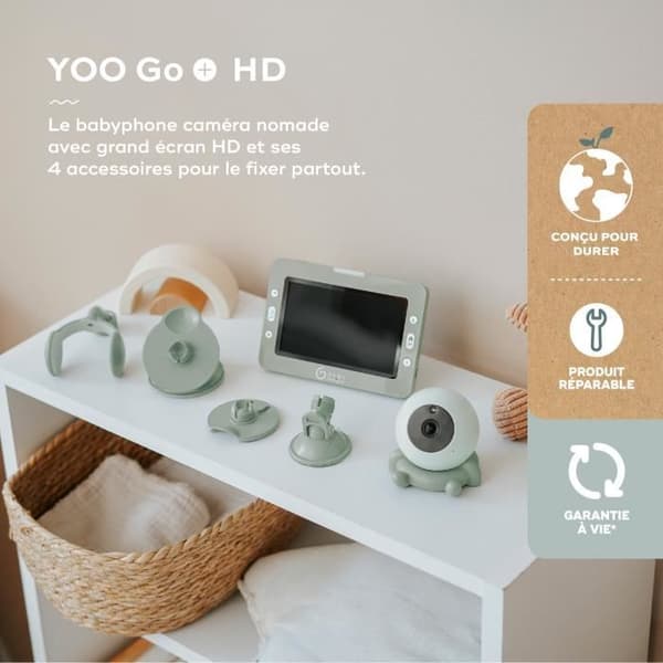 YOO Go+ Babyalarmkamera - Stor 5 720P HD-skærm - Genopladeligt batteri, 8 timers batterilevetid - 4 kameratilbehør medfølger