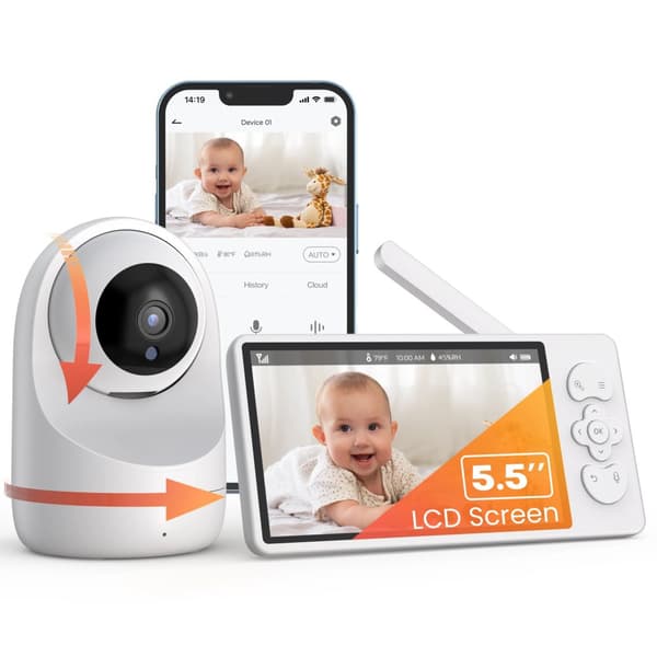 2K Baby Monitor, 5,5 tum LCD-skärm, tvåvägs ljud, PTZ-kontroll,Vit