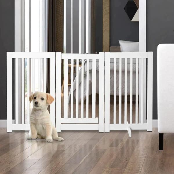 Rootz träbarriär - Fristående hundgrind - Dörrgrind - Justerbar hundgrind - Fällbar trappgrind - Vit - 155 x 1,5 x 76 cm