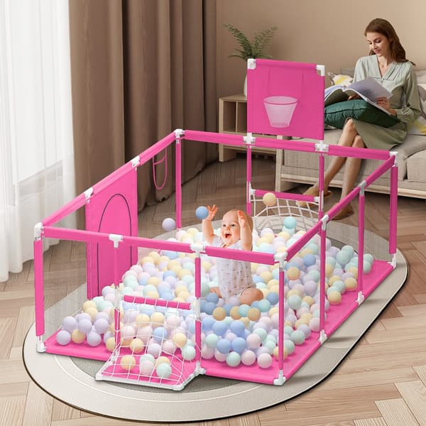 Lekhage Baby Ball Pit Baby Lekhage med basketbåge (och fotbollsmål), 181x122x61cm, Rosa, Utan Ocean Ball