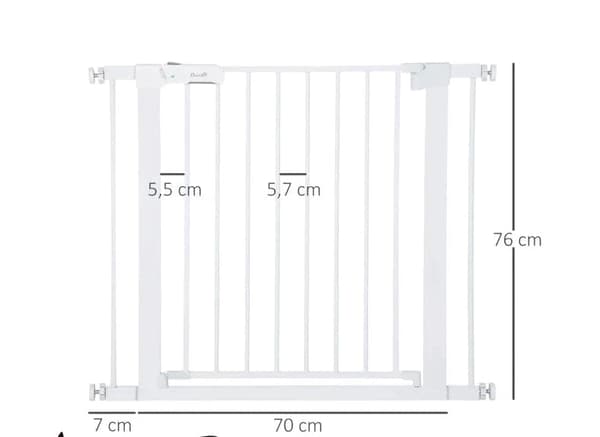 Rootz Dog Gates - Dörrport - Ingen borrning krävs - Stålram - Justerbar - Enhandsöppning - Metall - Plast - Vit - 75-96W x 76H cm