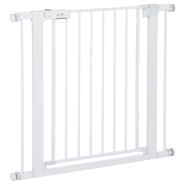 Rootz Dog Gates - Dörrport - Ingen borrning krävs - Stålram - Justerbar - Enhandsöppning - Metall - Plast - Vit - 75-96W x 76H cm
