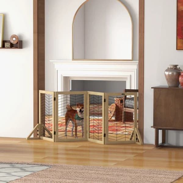 Rootz Dog Gate - Stair Gate Barrier - Foldbar - Fyrretræ - Skridsikker pude - Naturlig - 187 cm x 44 cm x 70 cm