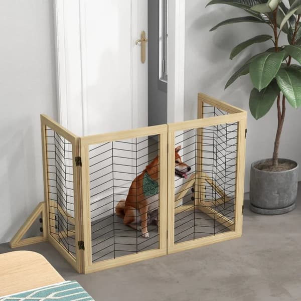 Rootz Dog Gate - Stair Gate Barrier - Foldbar - Fyrretræ - Skridsikker pude - Naturlig - 187 cm x 44 cm x 70 cm