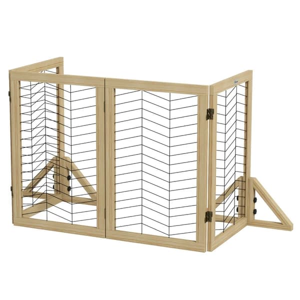 Rootz Dog Gate - Stair Gate Barrier - Foldbar - Fyrretræ - Skridsikker pude - Naturlig - 187 cm x 44 cm x 70 cm
