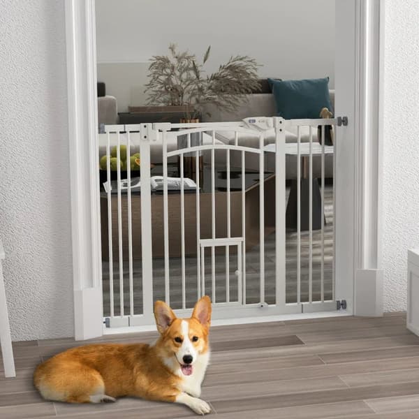 Rootz Dog Gate - Trappeport - Automatisk lukning - Justeringsskrue - Enhåndsbetjening - Sikkerhedslåge - Rund dobbeltsidet tape - Stål-PA - Hvid - 100