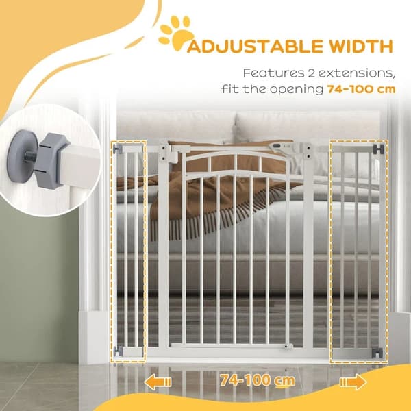 Rootz Dog Gate - Trappport - Automatisk stängning - Enhandsmanövrering - Säkerhetsport - Rund dubbelhäftande tejp - Stål-PA - Vit - 100cm x 4cm x 76cm