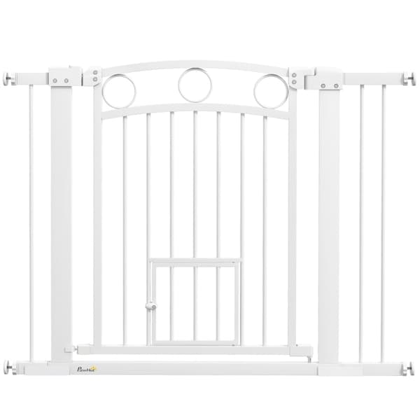 Rootz No-Drill Pet Stair Gate - Hundbarriär - Säkerhetsgrind - Dubbellås - 76-104cm x 77cm - Stål & plast - Integrerad kattdörr, lätt tryckmontering