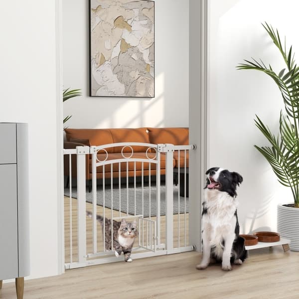 Rootz No-Drill Pet Stair Gate - Hundbarriär - Säkerhetsgrind - Dubbellås - 76-104cm x 77cm - Stål & plast - Integrerad kattdörr, lätt tryckmontering