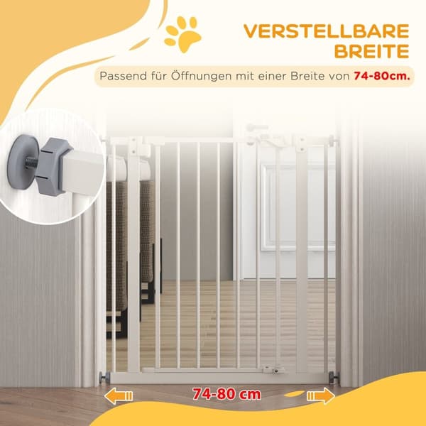 Rootz Dog Door Gate Barrier - Pet Gate - Safety Gate - Metal & Plast, Easy Access, 68W x 77H CM, White