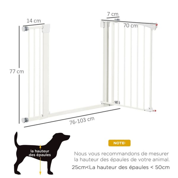 Rootz Dog Barrier Gate - PET -portti - Turvakisko - Automaattinen sulkeminen - Säädettävä 76-103 cm x 77cm - valkoinen terässuunnittelu