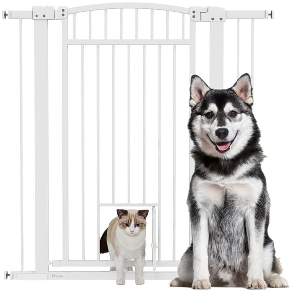 Rootz Pet Protection Hence - Pet Barrier - Safety Gate - Holdable Steel - Justerbar bredde 76-104 cm med kattedør, hvid