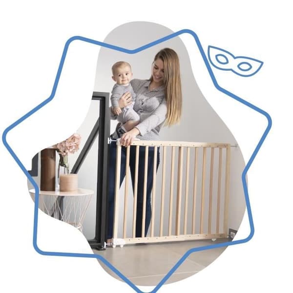 Badabulle Deco Pop säkerhetsbarriär - Utdragbar barriär för öppningar från 63 till 106 cm - Skruvfäste, Naturträ